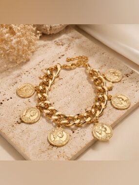 Gold Coin Charm Bracelet Chunky Chain | Vintage Luxe Statement Bracelet